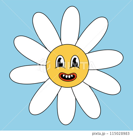 Retro 70s 60s 80s Hippie Groovy cute Daisy Flower. Tooth Smile face. Chamomile Flower power element. Vector illustration isolated on blue background. 115028983