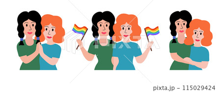 LGBT concept. Lesbian married couple. Women Holding multicolored flag Pride Parade and hugging. Vector illustration in flat style. 115029424