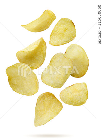 Potato chips falling on a white background. Isolated 115030060