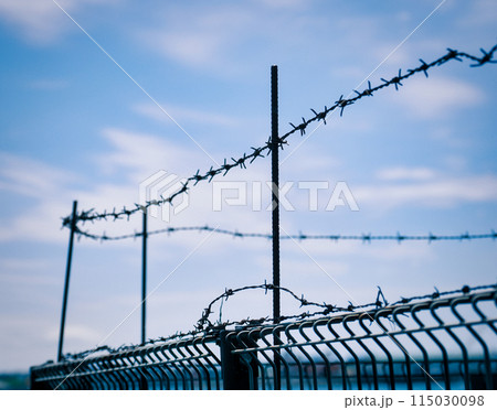 有刺鉄線が張られたフェンス 115030098
