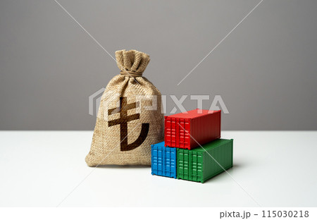 Stack of shipping containers and turkish lira money bag. Import or export. Production of containers. Trade, economics and transport industry. Tariffs and tax collections. GDP and production. 115030218
