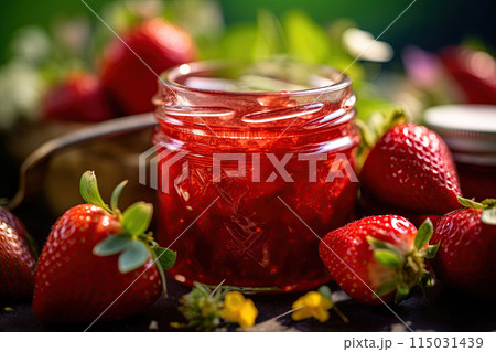 Homemade strawberry  jam in a jar surrounded by fresh strawberries. Generative Ai Homemade strawberry  jam in a jar surrounded by fresh strawberries. Generative Ai 115031439