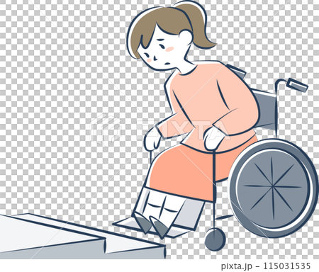 坐在輪椅上的年輕女子爬樓梯有困難 坐在輪椅上的年輕女子爬樓梯有困難 115031535