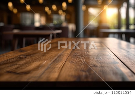 Empty wooden table surface with blurred background. For product display or montage. Generative Ai image 115031554
