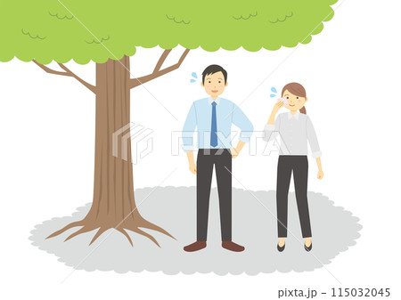 木陰で休憩するスーツ姿の男性と女性のイラストのセット 木陰で休憩するスーツ姿の男性と女性のイラストのセット 115032045