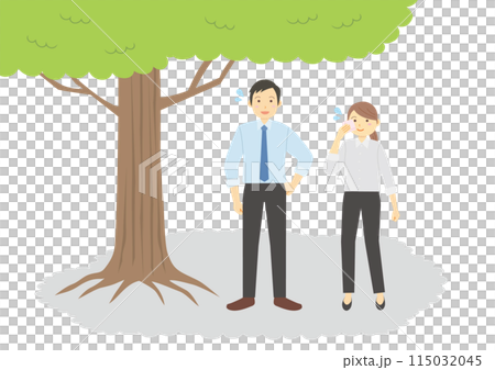 A set of illustrations of men and women in suits taking a break in the shade of a tree 115032045