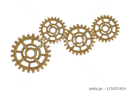 Gear and cogs wheels isolated on a white background, clock mechanism, brass metal engine industrial. Gear and cogs wheels isolated on a white background, clock mechanism, brass metal engine industrial. 115032424