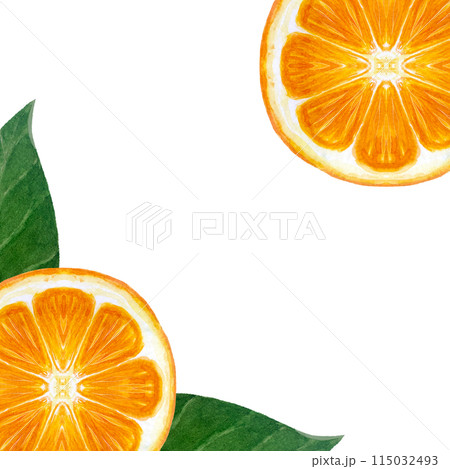 Orange fruit, mandarine slice with green leafs watercolor frame isolated on white. High quality hand drawn art for food design, packages, restaurant menu, natural organic food, logo and decor 115032493