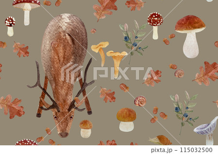 Autumn forest wild plants and animals watercolor seamless pattern isolated on white. 115032500