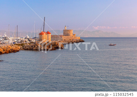 Windmills and Fort of Saint Nicholas, Rhodes, Greece Windmills and Fort of Saint Nicholas, Rhodes, Greece 115032545