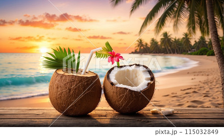 Juicy coconut halves Illustration on a tropical beach against the background of the sea - cocktail, refreshing coconut milk. AI generated 115032849