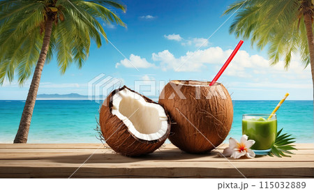 Juicy coconut halves Illustration on a tropical beach against the background of the sea - cocktail, refreshing coconut milk. AI generated 115032889