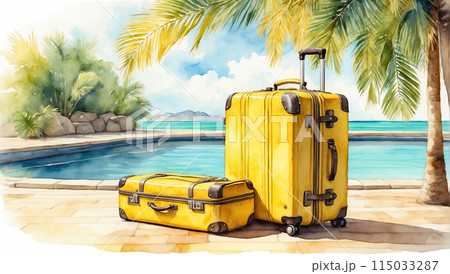 Watercolour Illustration yellow suitcase on a tropical resort is trip to the sea and pool in a warm summer climate, a vacation tour in hotel. AI generated 115033287