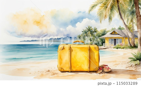 Watercolour Illustration yellow suitcase on a tropical resort is trip to the sea and beach in a warm summer climate, a vacation tour in hotel. AI generated 115033289