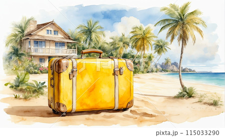 Watercolour Illustration yellow suitcase on a tropical resort is trip to the sea and beach in a warm summer climate, a vacation tour in hotel. AI generated 115033290
