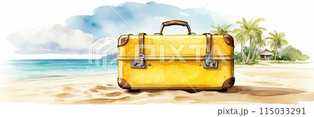 Watercolour Illustration yellow suitcase on a tropical resort is trip to the sea and beach in a warm summer climate, a vacation tour in hotel. AI generated 115033291