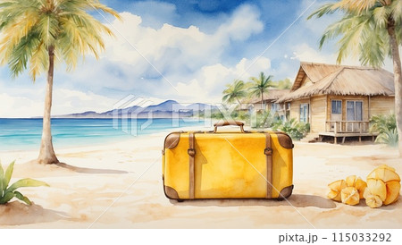 Watercolour Illustration yellow suitcase on a tropical resort is trip to the sea and beach in a warm summer climate, a vacation tour in hotel. AI generated 115033292