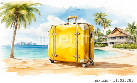 Watercolour Illustration yellow suitcase on a tropical resort is trip to the sea and beach in a warm summer climate, a vacation tour in hotel. AI generated 115033293