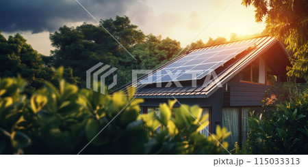 The roof of a modern house with eco-friendly solar panels in harmony with nature, ecology, saving natural resources, alternative energy source. AI Generated 115033313