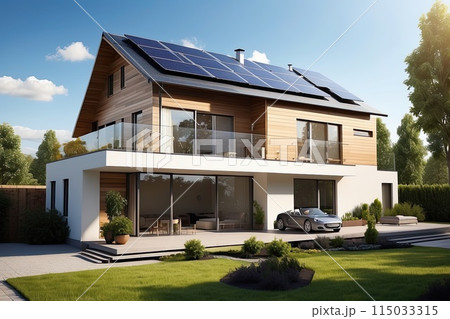 The roof of a modern house with eco-friendly solar panels in harmony with nature, ecology, saving natural resources, alternative energy source. AI Generated 115033315