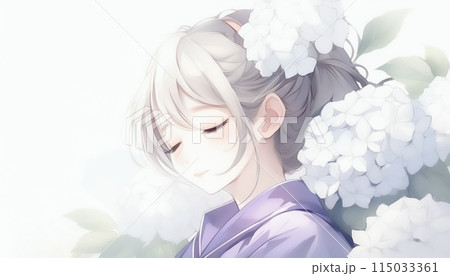 水彩イラスト　女性　紫陽花　アジサイ　儚い　咲く　美しい　花　フラワー　紫陽花　アジサイ 115033361