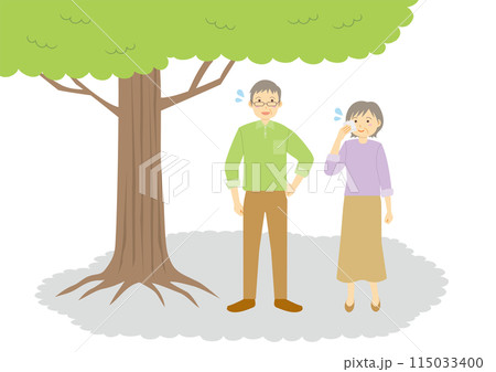木陰で休憩する年配の男性と女性のイラストのセット 115033400
