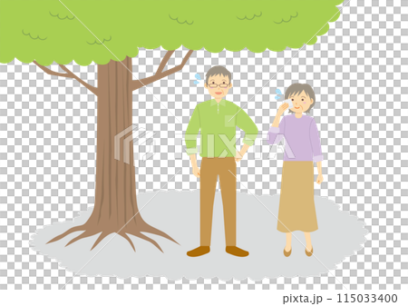木陰で休憩する年配の男性と女性のイラストのセット 115033400