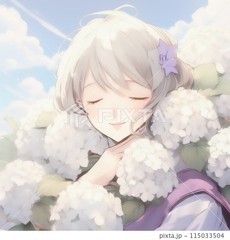 水彩イラスト　女性　紫陽花　アジサイ　儚い　咲く　美しい　花　フラワー　紫陽花　アジサイ 115033504