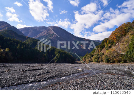 山梨県　大城川砂防ダム上流の紅葉 115033540