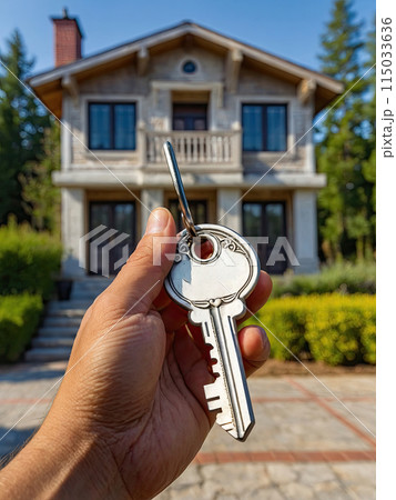 Key to house in the hands of a realtor near the cottage - sale, relocation, booking, cottage project, mortgage, housing and real estate insurance. The key to the home. AI generated; 115033636