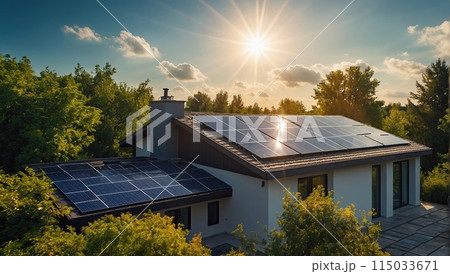 The roof of a modern house with eco-friendly solar panels in harmony with nature, ecology, saving natural resources, alternative energy source. AI Generated 115033671
