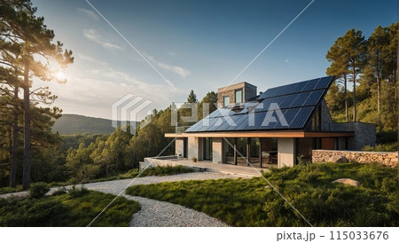The roof of a modern house with eco-friendly solar panels in harmony with nature, ecology, saving natural resources, alternative energy source. AI Generated 115033676