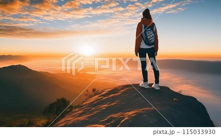 山頂から沈みゆく夕日を眺める登山家女性の後ろ姿を右側に配置。 115033930