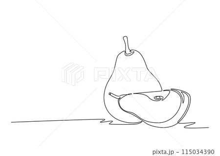 Continuous one line drawing of sliced and whole healthy pear organic for orchard logo identity. Fresh summer fruitage concept for fruit garden icon. Single line draw design vector graphic illustration 115034390