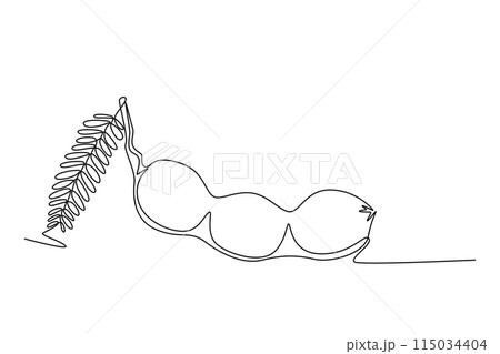 Single continuous line drawing of whole healthy brown organic tamarind for orchard logo identity. Fresh fruitage concept for fruit garden icon. Dynamic one line draw graphic design vector illustration Single continuous line drawing of whole healthy brown organic tamarind for orchard logo identity. Fresh fruitage concept for fruit garden icon. Dynamic one line draw graphic design vector illustration 115034404