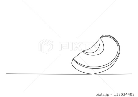 Single continuous line drawing sliced of healthy sweet organic plum for orchard logo identity. Fresh fruitage concept for fruit garden icon. Dynamic one line draw graphic design vector illustration Single continuous line drawing sliced of healthy sweet organic plum for orchard logo identity. Fresh fruitage concept for fruit garden icon. Dynamic one line draw graphic design vector illustration 115034405