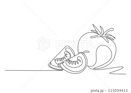 Single one line drawing whole and slice healthy organic tomatoes for farming logo identity. Fresh tropical vegetable concept for veggie garden icon. Continuous line design graphic vector illustration 115034413