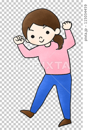 やる気のあるポーズをとる女の子の手描きイラスト、フロントダブルバイセップス 115034459