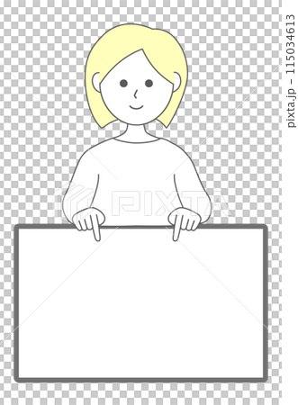 A simple illustration of a line drawing of a woman pointing down and explaining 115034613
