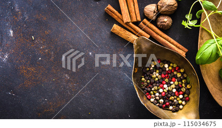 wooden spoons with spices and herbs 115034675