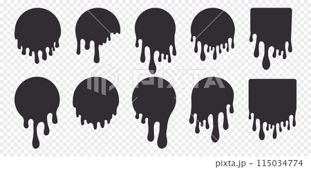Melt circle stickers paint drip , round label, splash with drops, liquid shape graffiti blob stickers, stain isolated on background. Flowing fluid, slime or cream Melt circle stickers paint drip , round label, splash with drops, liquid shape graffiti blob stickers, stain isolated on background. Flowing fluid, slime or cream 115034774