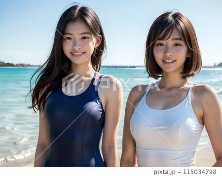 スクール水着水泳部 女子高生 夏の合宿で海に来ているスクール水着姿の水泳部の女子高生2人のイラスト素材 [115034798] - PIXTA