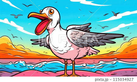 crazy funny seagull on the beach colorful illustration 115034927
