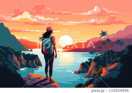 adventure girl with backpack on tropical seascape 115034956