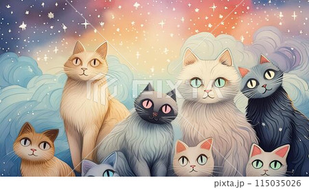 いろいろな猫たちが並んで星空を見るイラスト 115035026