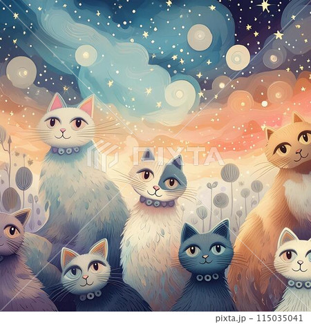 いろいろな猫たちが並んで星空を見るイラスト 115035041