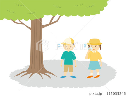 木陰で休憩する子どものイラストのセット 木陰で休憩する子どものイラストのセット 115035246