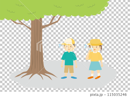 A set of illustrations of children resting in the shade 115035246