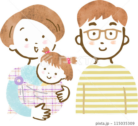 母親が女の子を抱っこし、父親が寄り添っている3人家族の上半身手描きイラスト 115035309