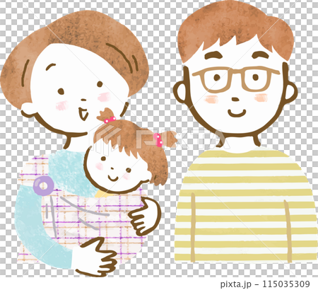 母親が女の子を抱っこし、父親が寄り添っている3人家族の上半身手描きイラスト 115035309